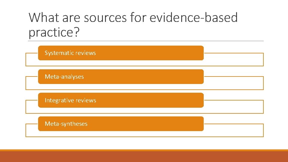 What are sources for evidence-based practice? Systematic reviews Meta-analyses Integrative reviews Meta-syntheses 