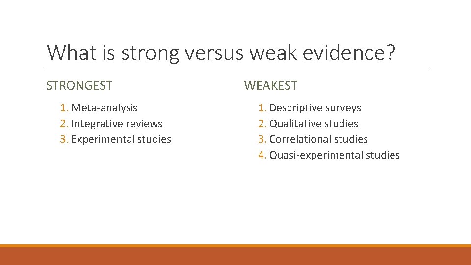 What is strong versus weak evidence? STRONGEST 1. Meta-analysis 2. Integrative reviews 3. Experimental