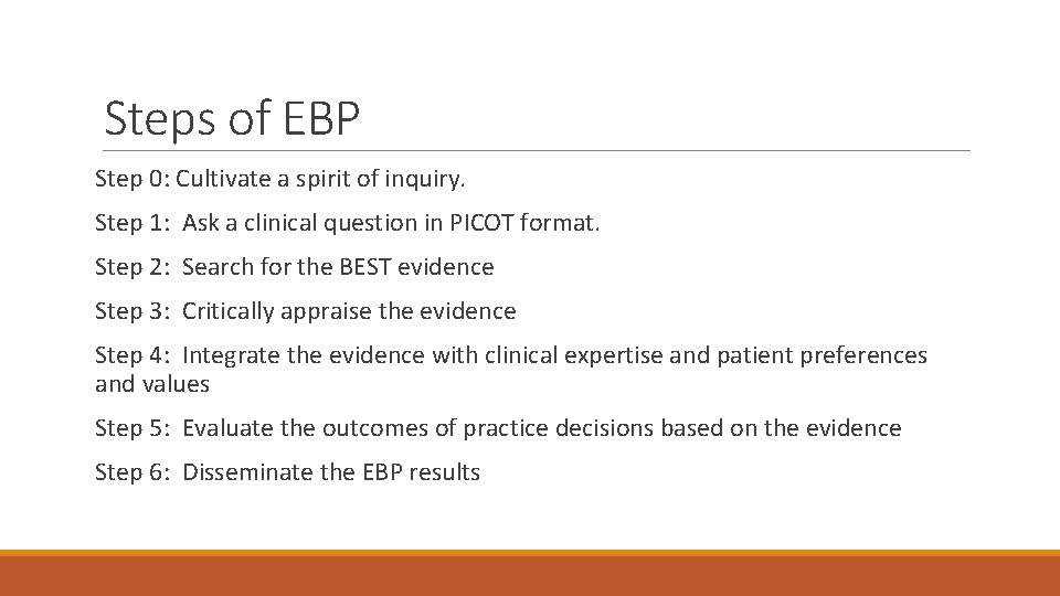 Steps of EBP Step 0: Cultivate a spirit of inquiry. Step 1: Ask a