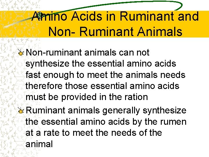 Amino Acids in Ruminant and Non- Ruminant Animals Non-ruminant animals can not synthesize the