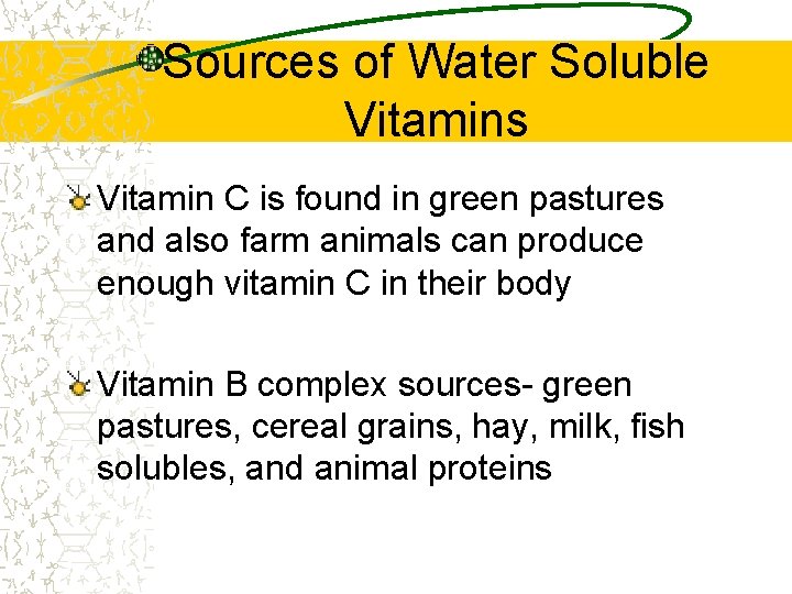 Sources of Water Soluble Vitamins Vitamin C is found in green pastures and also