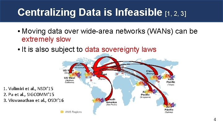 Centralizing Data is Infeasible [1, 2, 3] • Moving data over wide-area networks (WANs)