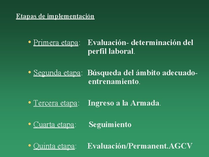 Etapas de implementación • Primera etapa: Evaluación- determinación del perfil laboral. • Segunda etapa: