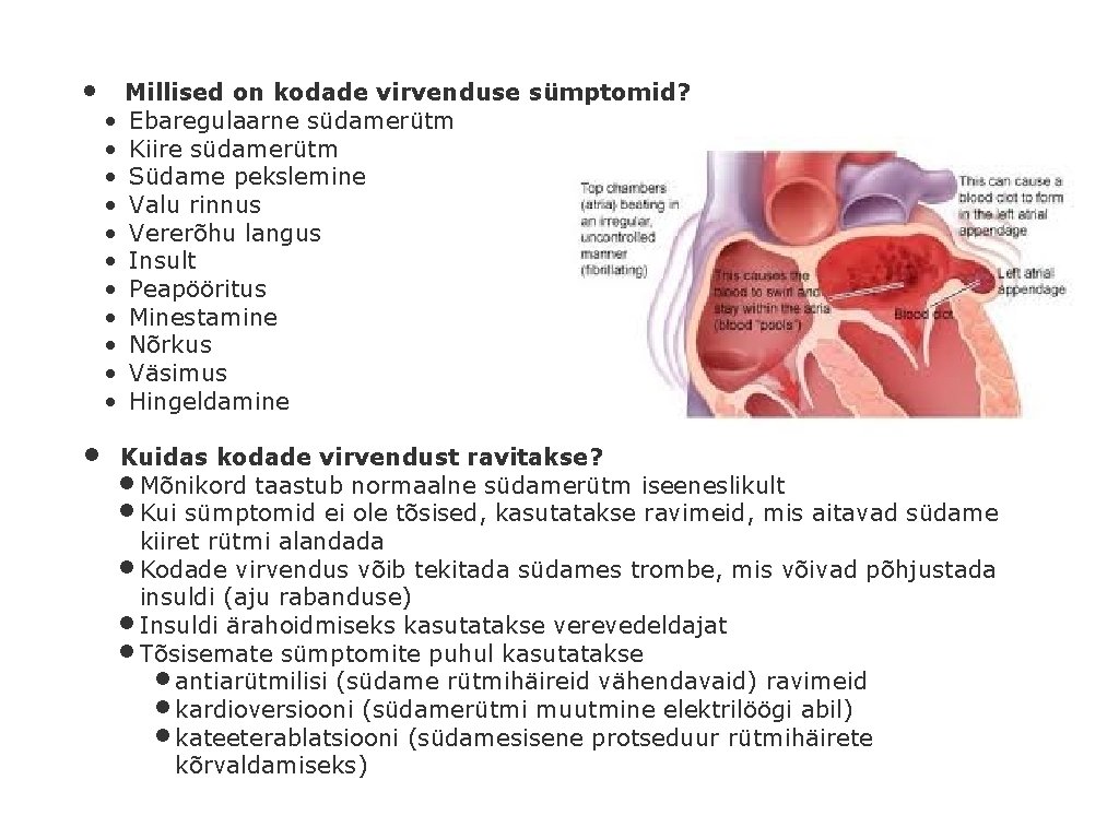  • • • • Millised on kodade virvenduse sümptomid? Ebaregulaarne südamerütm Kiire südamerütm
