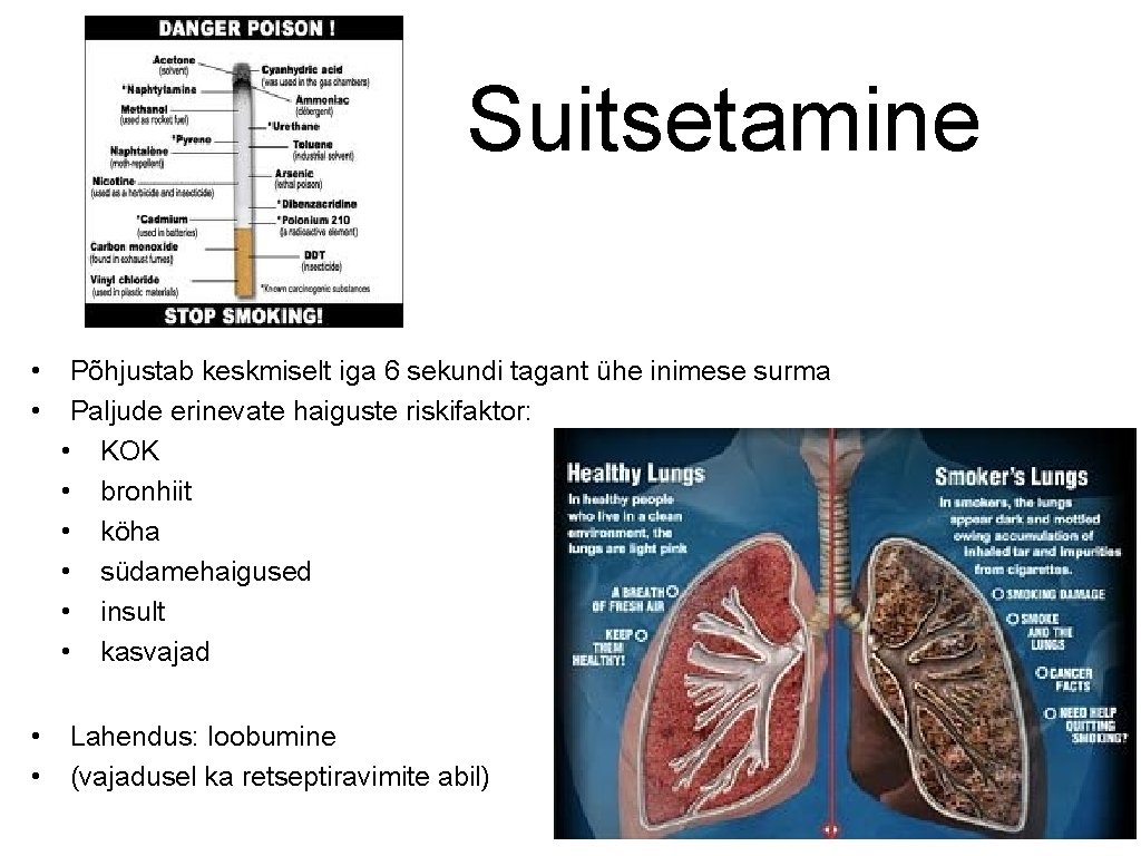 Suitsetamine • • Põhjustab keskmiselt iga 6 sekundi tagant ühe inimese surma Paljude erinevate