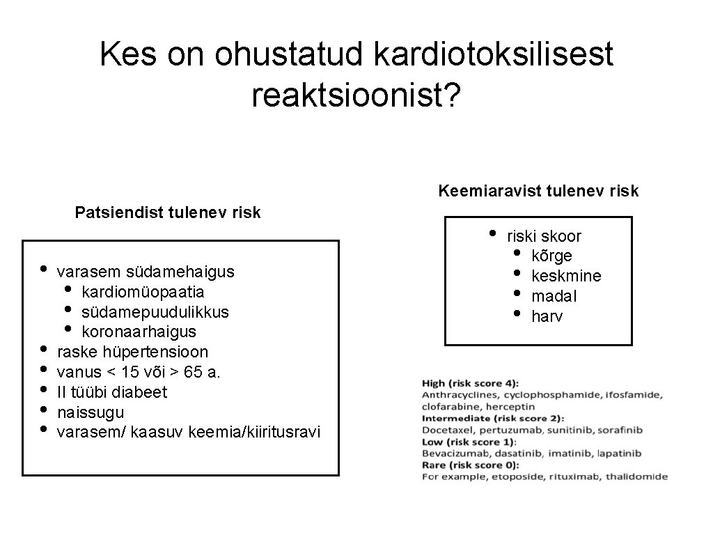 Kes on ohustatud kardiotoksilisest reaktsioonist? Keemiaravist tulenev risk Patsiendist tulenev risk • • •