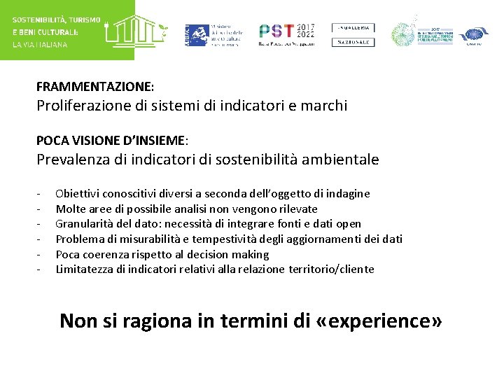 FRAMMENTAZIONE: Proliferazione di sistemi di indicatori e marchi POCA VISIONE D’INSIEME: Prevalenza di indicatori