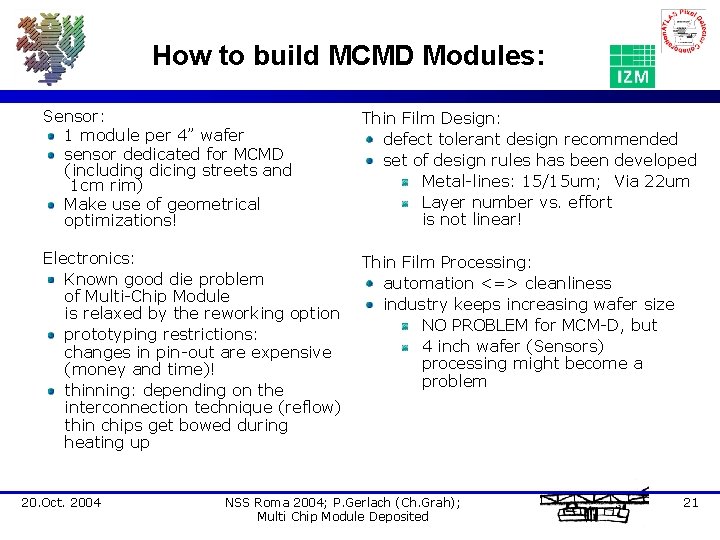 How to build MCMD Modules: Sensor: 1 module per 4” wafer sensor dedicated for