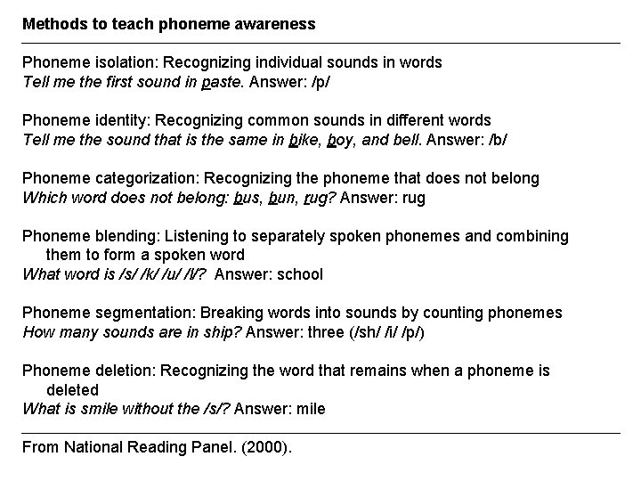 Methods to teach phoneme awareness Phoneme isolation: Recognizing individual sounds in words Tell me