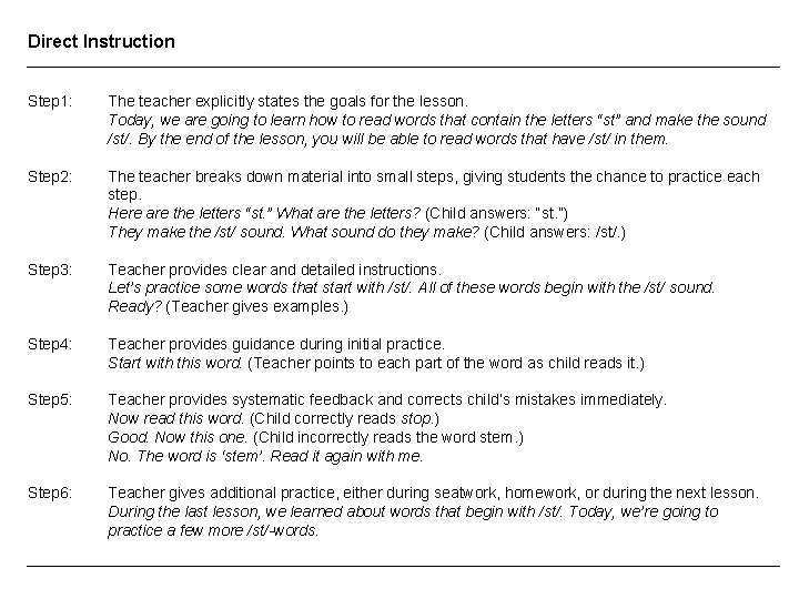Direct Instruction Step 1: The teacher explicitly states the goals for the lesson. Today,