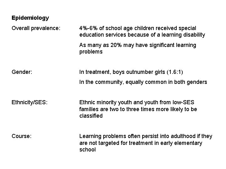 Epidemiology Overall prevalence: 4%-6% of school age children received special education services because of
