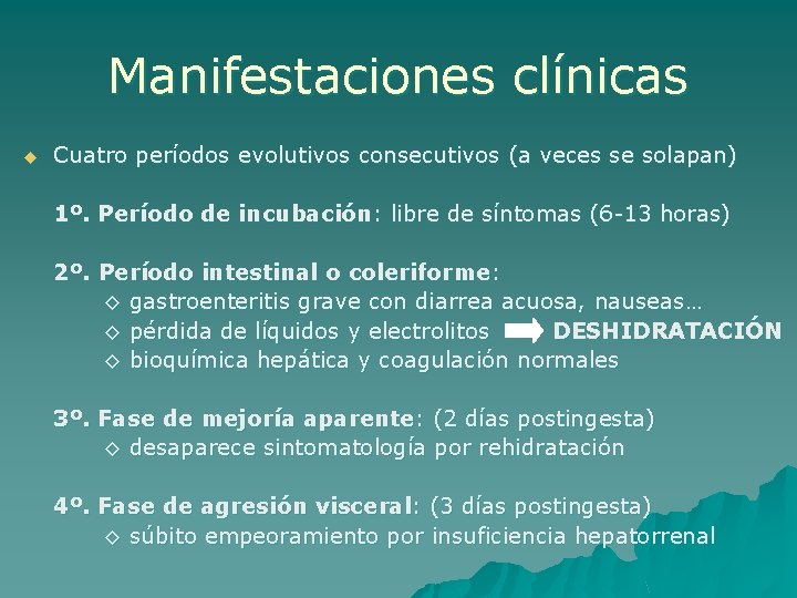 Manifestaciones clínicas u Cuatro períodos evolutivos consecutivos (a veces se solapan) 1º. Período de