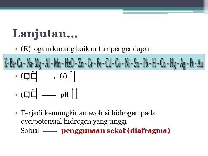 Lanjutan… • (E) logam kurang baik untuk pengendapan • (�� ) (i) • (��
