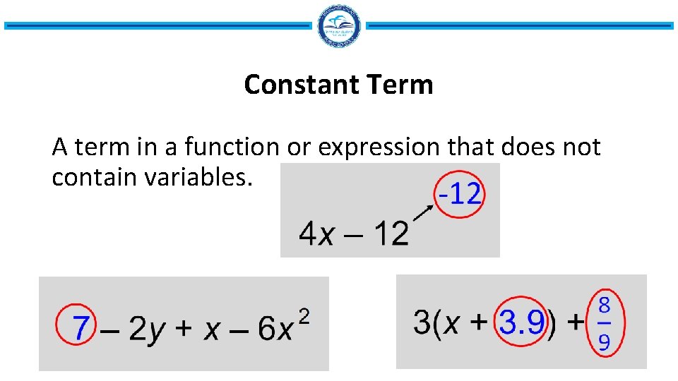 Constant Term A term in a function or expression that does not contain variables.