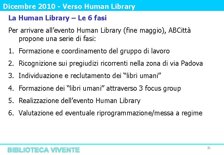 Dicembre 2010 - Verso Human Library La Human Library – Le 6 fasi Per