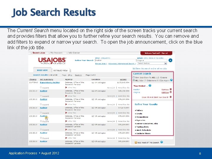 Job Search Results The Current Search menu located on the right side of the