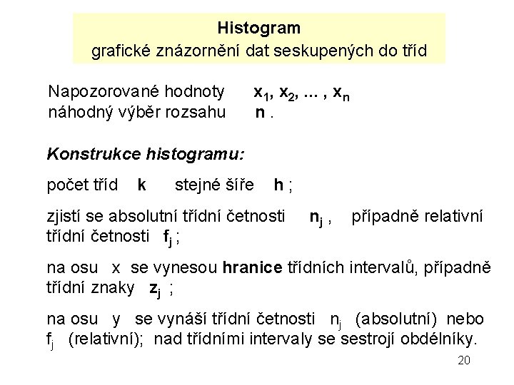 Histogram grafické znázornění dat seskupených do tříd Napozorované hodnoty x 1, x 2, .