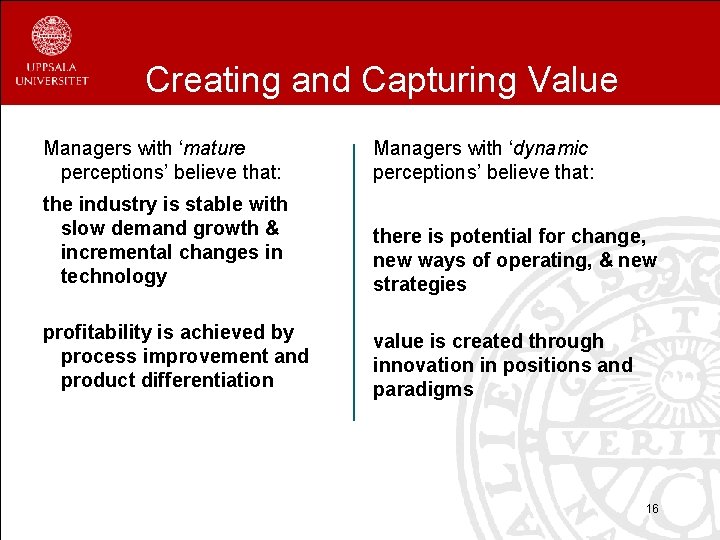 Creating and Capturing Value Managers with ‘mature perceptions’ believe that: Managers with ‘dynamic perceptions’