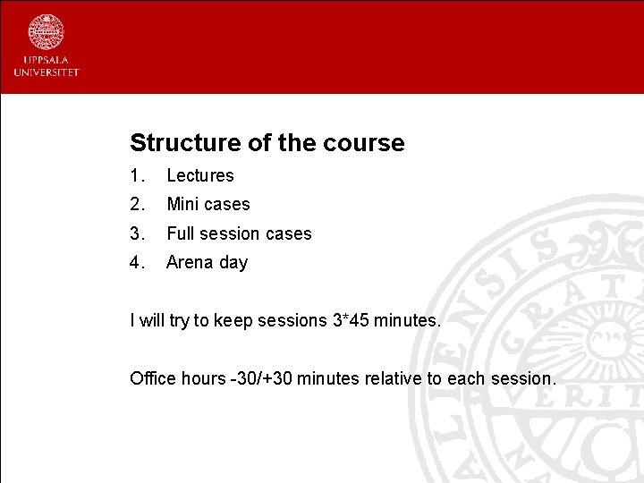 Structure of the course 1. Lectures 2. Mini cases 3. Full session cases 4.