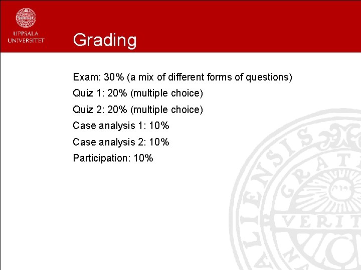 Grading Exam: 30% (a mix of different forms of questions) Quiz 1: 20% (multiple