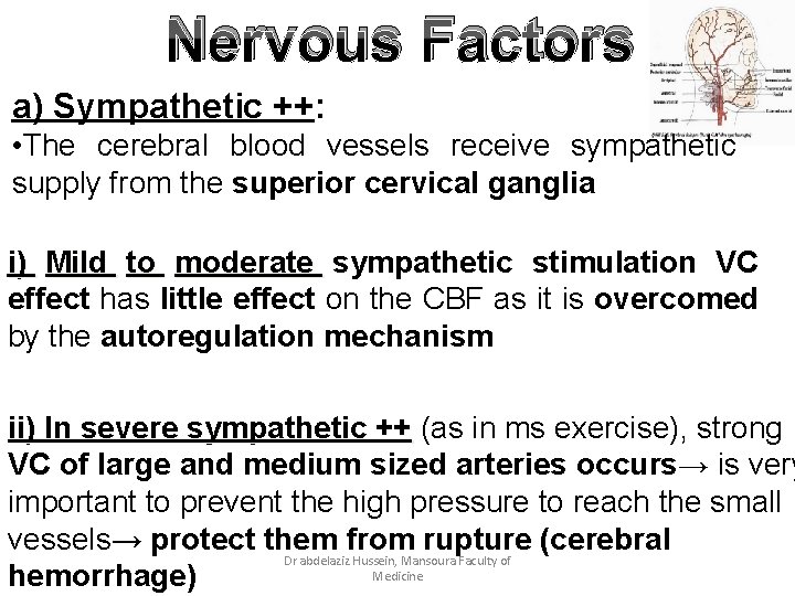 Nervous Factors a) Sympathetic ++: • The cerebral blood vessels receive sympathetic supply from