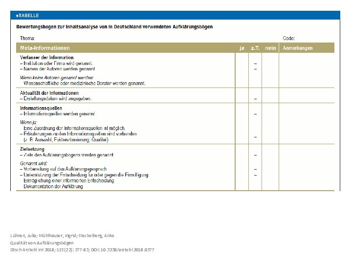 Lühnen, Julia; Mühlhauser, Ingrid; Steckelberg, Anke Qualität von Aufklärungsbögen Dtsch Arztebl Int 2018; 115(22):