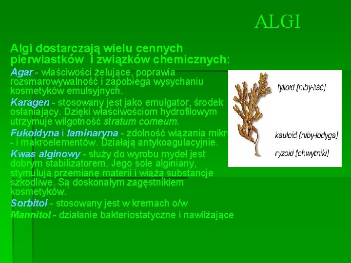 ALGI Algi dostarczają wielu cennych pierwiastków i związków chemicznych: Agar - właściwości żelujące, poprawia