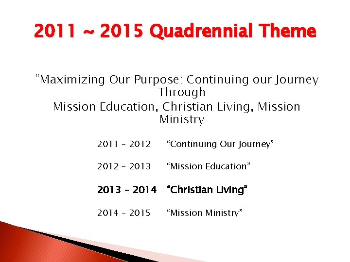 2011 ~ 2015 Quadrennial Theme “Maximizing Our Purpose: Continuing our Journey Through Mission Education,