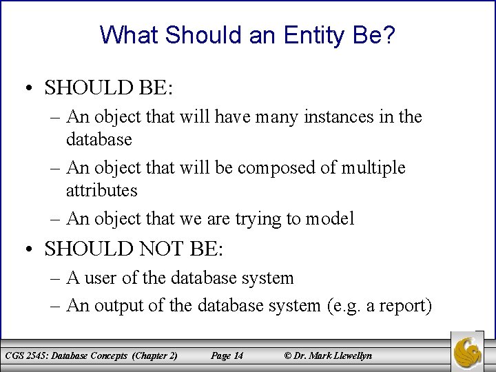 What Should an Entity Be? • SHOULD BE: – An object that will have