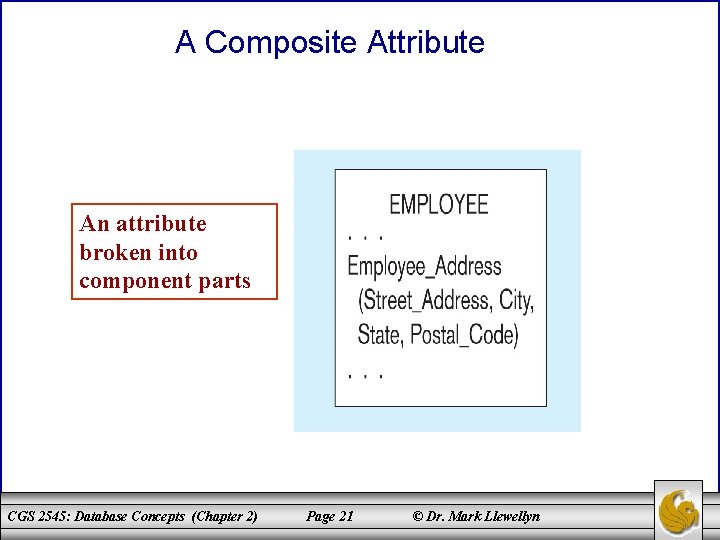 A Composite Attribute An attribute broken into component parts CGS 2545: Database Concepts (Chapter