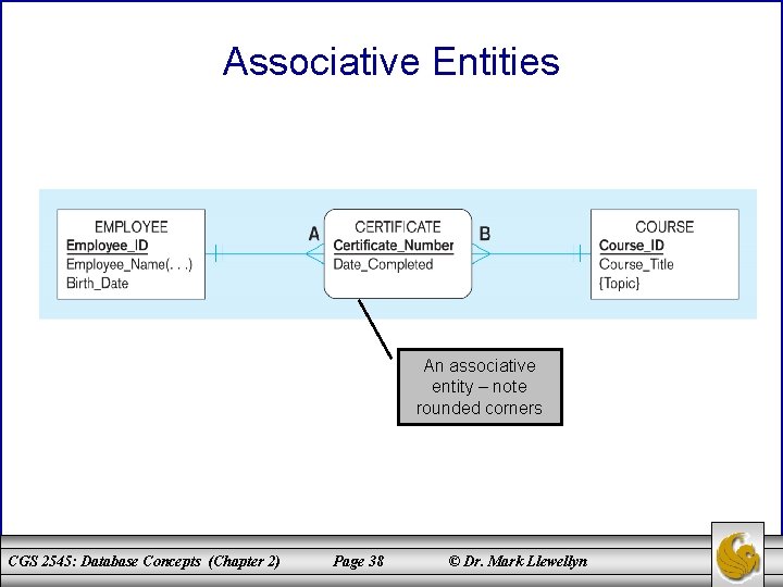 Associative Entities An associative entity – note rounded corners CGS 2545: Database Concepts (Chapter