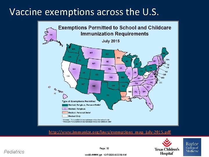 Vaccine exemptions across the U. S. http: //www. immunize. org/laws/exemptions_map_july‐ 2015. pdf Pediatrics Page