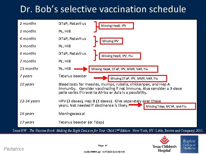 Dr. Bob’s selective vaccination schedule 2 months DTa. P, Rotavirus 3 months Pc, HIB