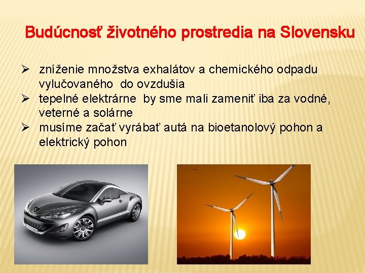 Budúcnosť životného prostredia na Slovensku Ø zníženie množstva exhalátov a chemického odpadu vylučovaného do