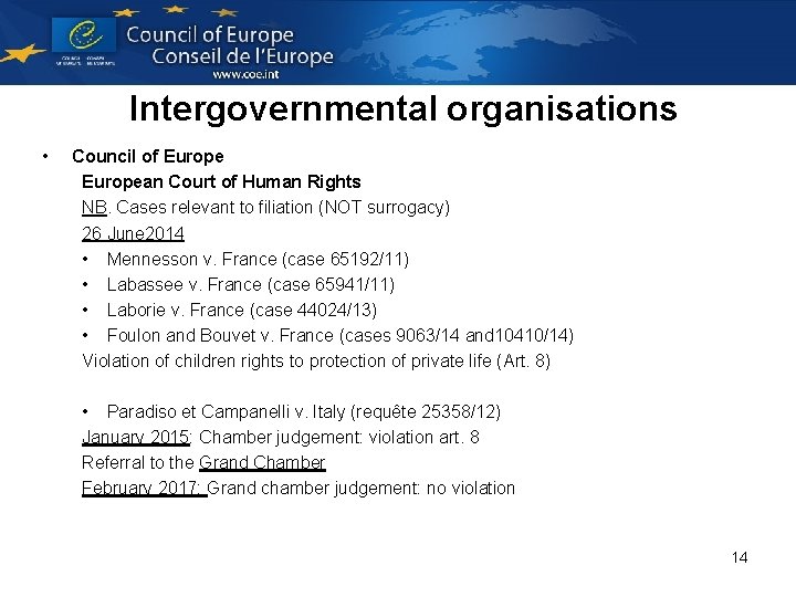 Intergovernmental organisations • Council of European Court of Human Rights NB. Cases relevant to