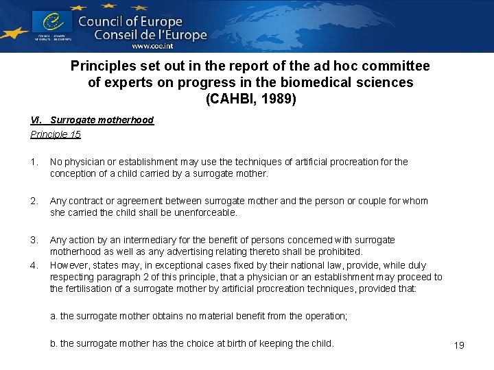 Principles set out in the report of the ad hoc committee of experts on