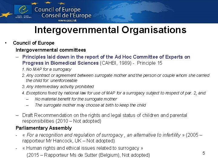 Intergovernmental Organisations • Council of Europe Intergovernmental committees – Principles laid down in the