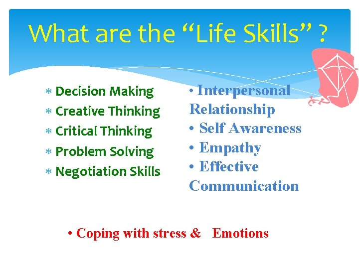 What are the “Life Skills” ? Decision Making Creative Thinking Critical Thinking Problem Solving