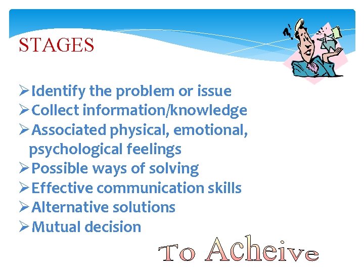 STAGES ØIdentify the problem or issue ØCollect information/knowledge ØAssociated physical, emotional, psychological feelings ØPossible