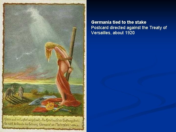 Germania tied to the stake Postcard directed against the Treaty of Versailles, about 1920
