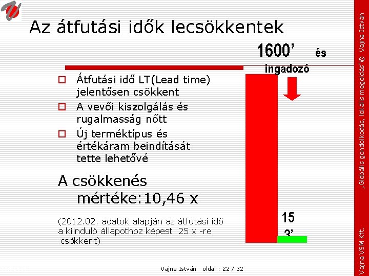 1600’ o Átfutási idő LT(Lead time) jelentősen csökkent o A vevői kiszolgálás és rugalmasság