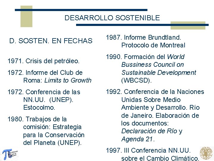 DESARROLLO SOSTENIBLE D. SOSTEN. EN FECHAS 1971 Crisis del petróleo. 1972 Informe del Club