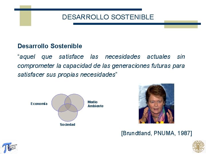DESARROLLO SOSTENIBLE Desarrollo Sostenible “aquel que satisface las necesidades actuales sin comprometer la capacidad