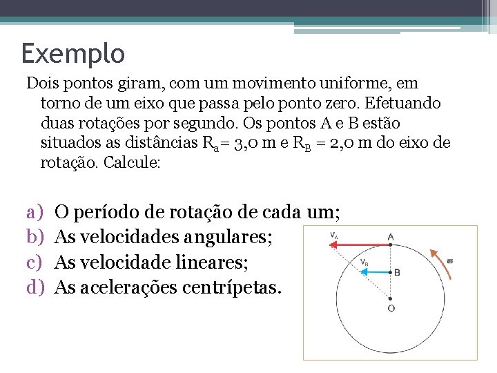 Exemplo Dois pontos giram, com um movimento uniforme, em torno de um eixo que