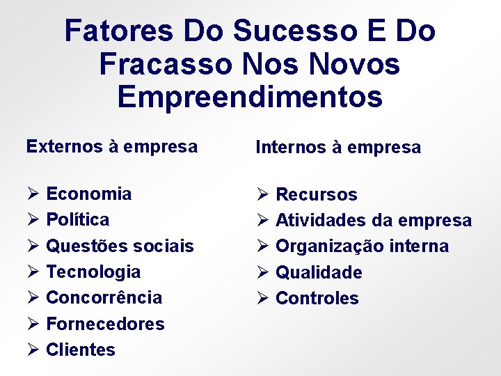 Fatores Do Sucesso E Do Fracasso Nos Novos Empreendimentos Externos à empresa Internos à