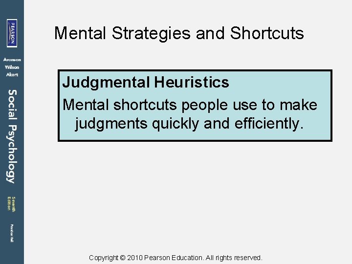 Mental Strategies and Shortcuts Judgmental Heuristics Mental shortcuts people use to make judgments quickly