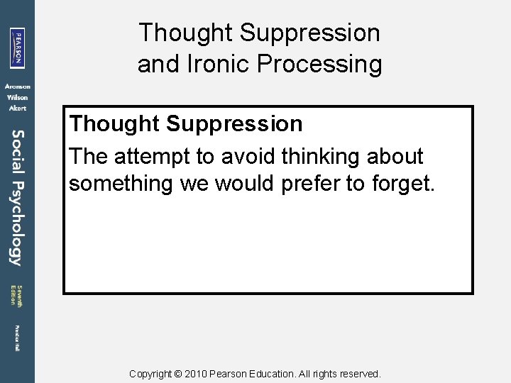 Thought Suppression and Ironic Processing Thought Suppression The attempt to avoid thinking about something