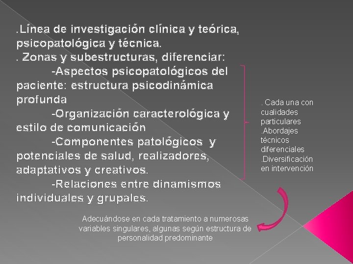 . Línea de investigación clínica y teórica, psicopatológica y técnica. . Zonas y subestructuras,