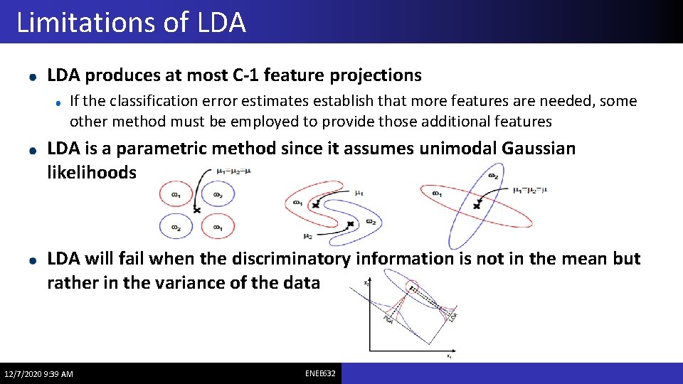Limitations of LDA produces at most C-1 feature projections If the classification error estimates