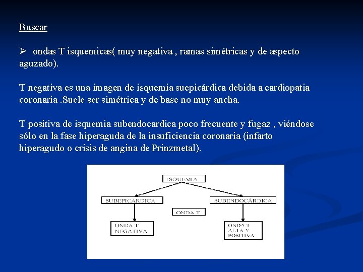 Buscar Ø ondas T isquemicas( muy negativa , ramas simétricas y de aspecto aguzado).